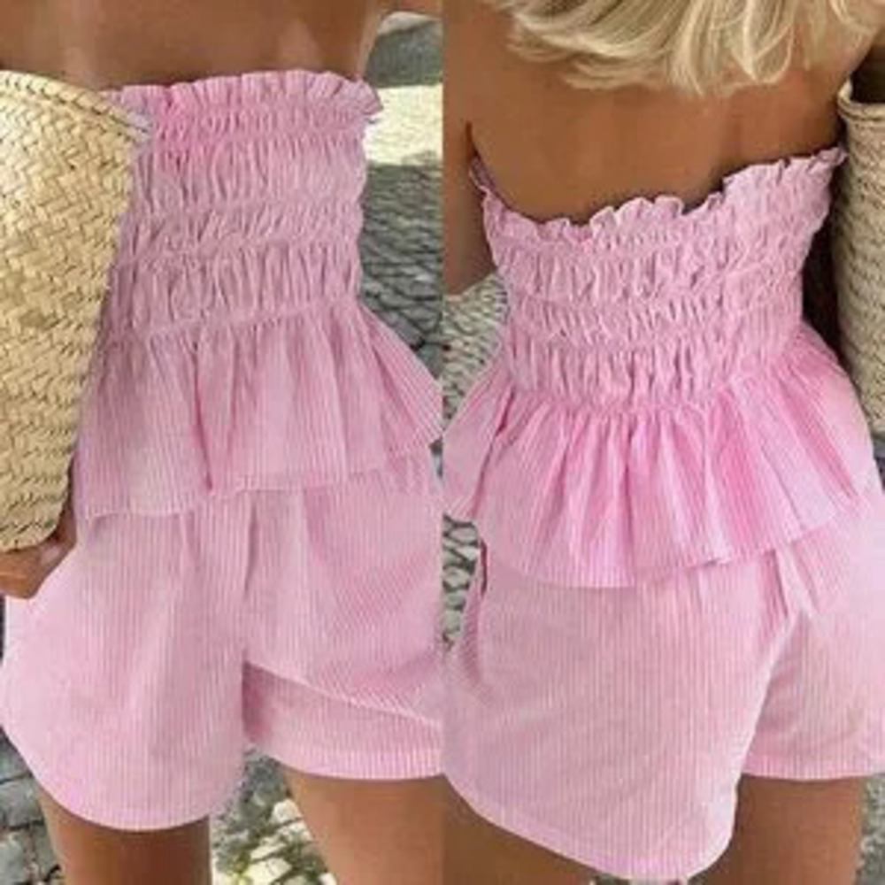 Pink Boho Womens Tropical Beach strapless Striped Bandeau Top And Shorts Set